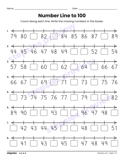 Number Line to 100, a free printable worksheet from Stepsies (Grade 1 Math · Level 4)