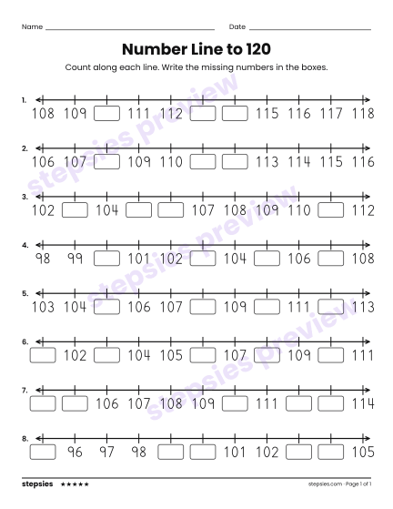 Number Line to 120, a free printable worksheet from Stepsies (Grades 1–2 Math · Level 5)