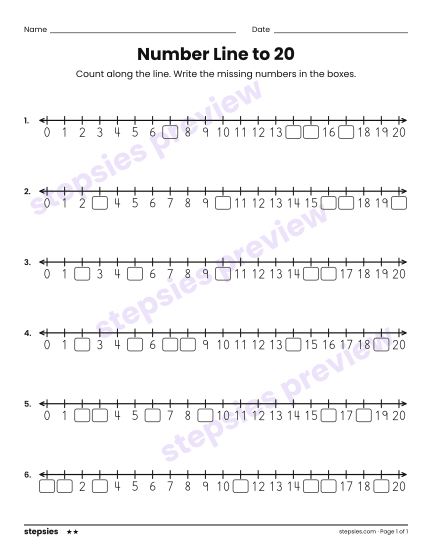 Number Line to 20, a free printable worksheet from Stepsies (Grades K–1 Math · Level 2)