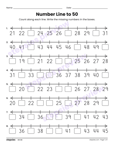 Number Line to 50, a free printable worksheet from Stepsies (Grade 1 Math · Level 3)