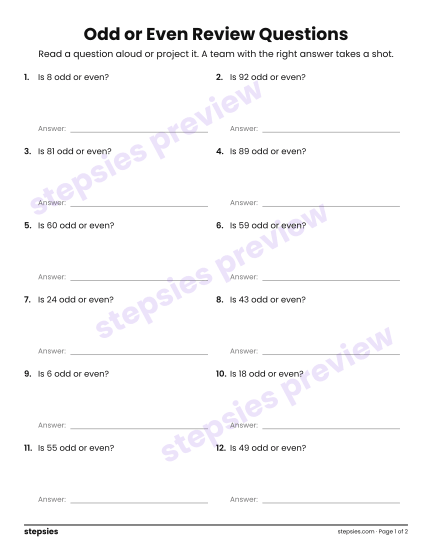 Odd or Even: Trashketball Review Questions, a free printable worksheet from Stepsies (Grade 2 Math)
