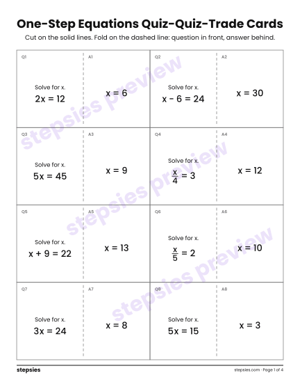One-Step Equations: Quiz-Quiz-Trade Cards, a free printable worksheet from Stepsies (Grade 6 Math)
