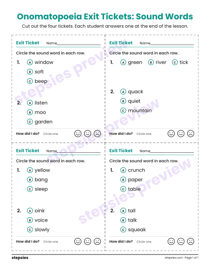 Onomatopoeia Exit Tickets: Sound Words, a free printable worksheet from Stepsies (Grades 2–3 Language)
