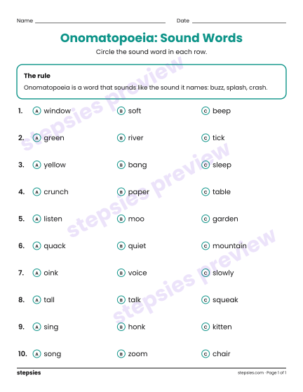 Onomatopoeia: Sound Words, a free printable worksheet from Stepsies (Grades 2–3 Language)