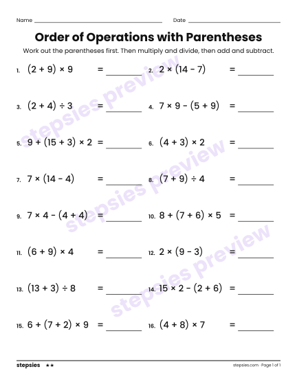 Order of Operations with Parentheses, a free printable worksheet from Stepsies (Grade 5 Math · Level 2)