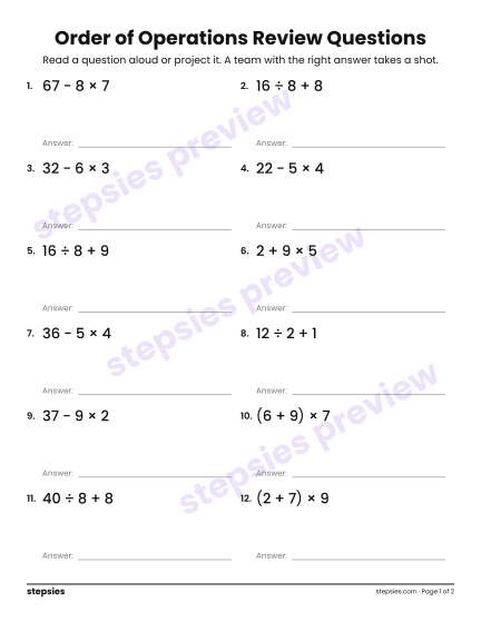Order of Operations: Trashketball Review Questions, a free printable worksheet from Stepsies (Grade 5 Math)