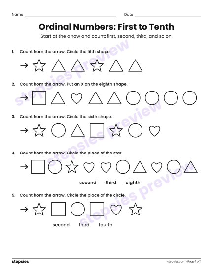 Ordinal Numbers: First to Tenth, a free printable worksheet from Stepsies (Kindergarten Math)
