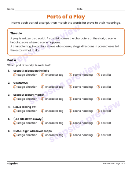 Parts of a Play, a free printable worksheet from Stepsies (Grades 4–5 Language)