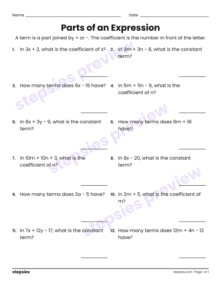 Parts of an Expression, a free printable worksheet from Stepsies (Grade 6 Math)