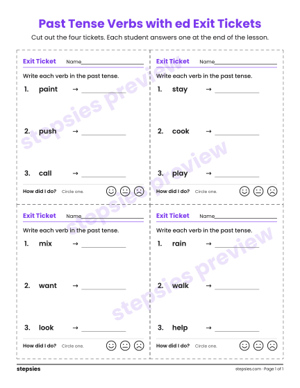 Past Tense Verbs with ed Exit Tickets, a free printable worksheet from Stepsies (Grades 1–2 Language)