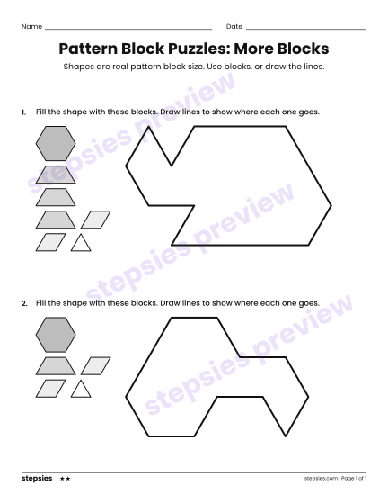 Pattern Block Puzzles: More Blocks, a free printable worksheet from Stepsies (Grades K–2 Math · Level 2)