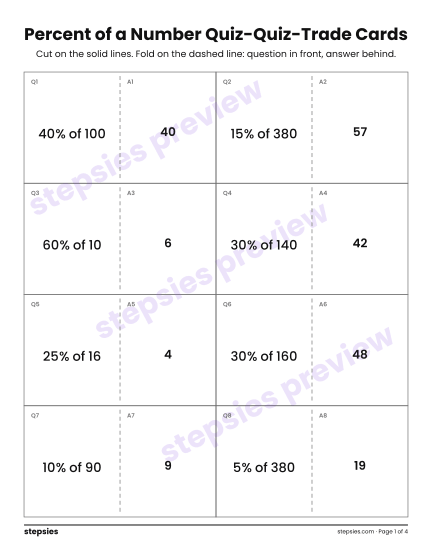 Percent of a Number: Quiz-Quiz-Trade Cards, a free printable worksheet from Stepsies (Grade 6 Math)