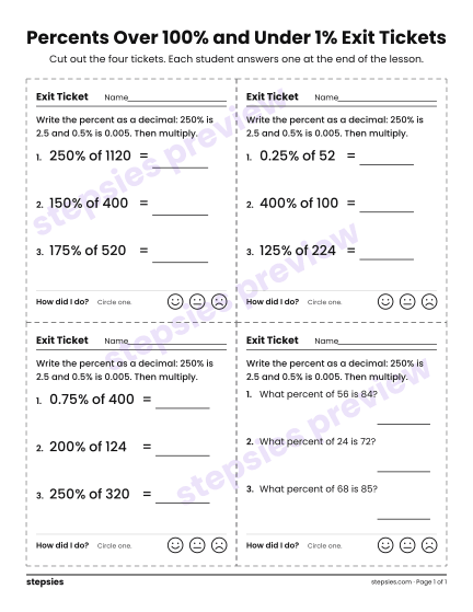 Percents Over 100% and Under 1% Exit Tickets, a free printable worksheet from Stepsies (Grade 8 Math)