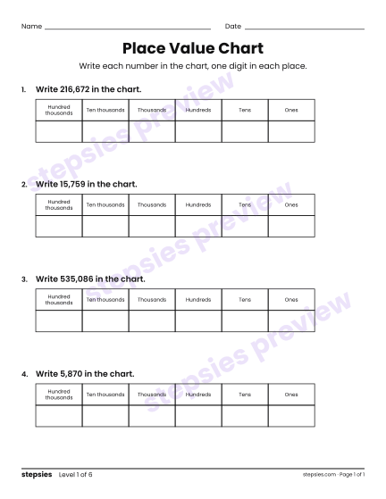 Place Value Chart, a free printable worksheet from Stepsies (Grades 4–5 Math · Level 1)