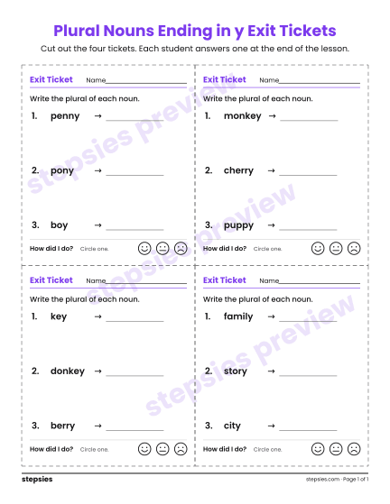 Plural Nouns Ending in y Exit Tickets, a free printable worksheet from Stepsies (Grades 2–3 Language)
