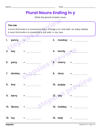 Plural Nouns Ending in y, a free printable worksheet from Stepsies (Grades 2–3 Language)