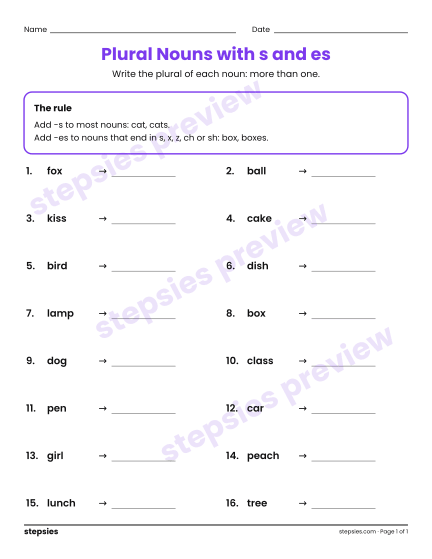 Plural Nouns with s and es, a free printable worksheet from Stepsies (Grades 1–2 Language)