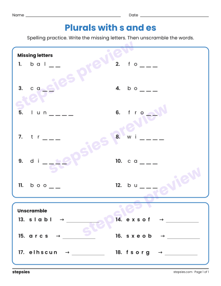 Plurals with s and es: Spelling Practice, a free printable worksheet from Stepsies (Grade 2 Language · Level 2)