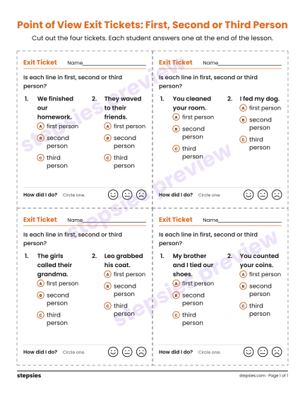 Point of View Exit Tickets: First, Second or Third Person, a free printable worksheet from Stepsies (Grades 4–5 Language · Level 2)