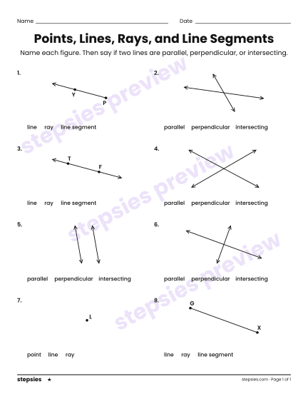 Points, Lines, Rays, and Line Segments, a free printable worksheet from Stepsies (Grade 3 Math · Level 1)