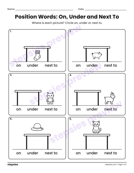 Position Words: On, Under and Next To, a free printable worksheet from Stepsies (Kindergarten Language · Level 1)