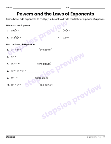 Powers and the Laws of Exponents, a free printable worksheet from Stepsies (Grade 7 Math)