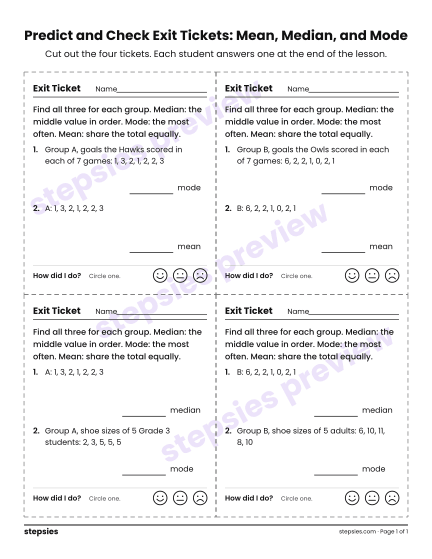 Predict and Check Exit Tickets: Mean, Median, and Mode, a free printable worksheet from Stepsies (Grade 4 Math · Level 2)