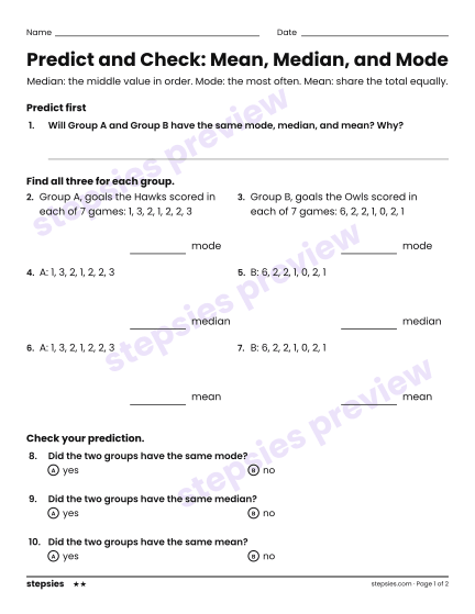 Predict and Check: Mean, Median, and Mode, a free printable worksheet from Stepsies (Grade 4 Math · Level 2)