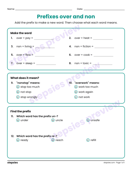 Prefixes over and non, a free printable worksheet from Stepsies (Grades 4–5 Language)