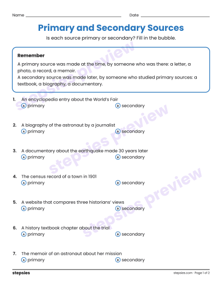 Primary and Secondary Sources, a free printable worksheet from Stepsies (Grades 6–8 Language · Level 3)