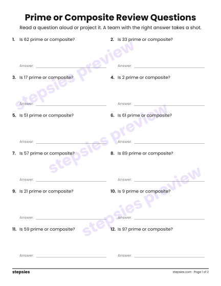 Prime or Composite: Trashketball Review Questions, a free printable worksheet from Stepsies (Grade 4 Math)