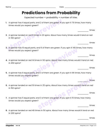 Predictions from Probability, a free printable worksheet from Stepsies (Grade 7 Math · Level 3)