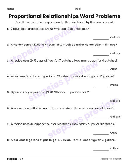 Proportional Relationships Word Problems, a free printable worksheet from Stepsies (Grade 7 Math · Level 2)