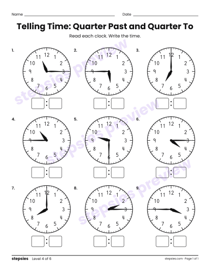 Telling Time: Quarter Past and Quarter To, a free printable worksheet from Stepsies (Grades 2–3 Math · Level 4)