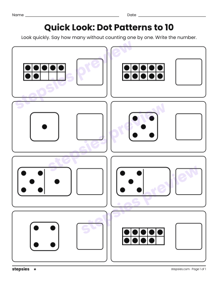 Quick Look: Dot Patterns to 10, a free printable worksheet from Stepsies (Grade 1 Math · Level 1)