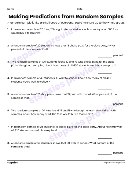 Making Predictions from Random Samples, a free printable worksheet from Stepsies (Grade 7 Math)