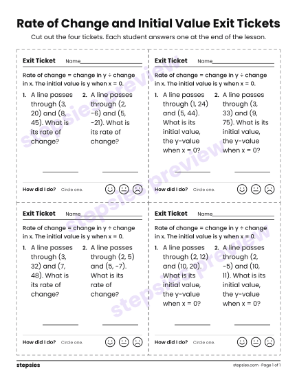 Rate of Change and Initial Value Exit Tickets, a free printable worksheet from Stepsies (Grade 8 Math · Level 1)