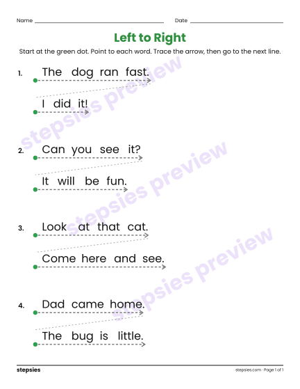 Read Left to Right, a free printable worksheet from Stepsies (Kindergarten Language)