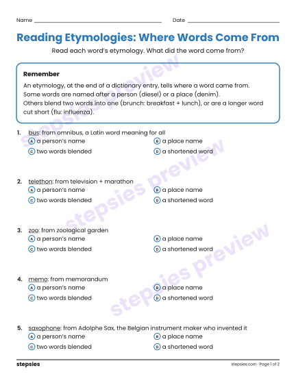 Reading Etymologies: Where Words Come From, a free printable worksheet from Stepsies (Grades 7–8 Language · Level 13)