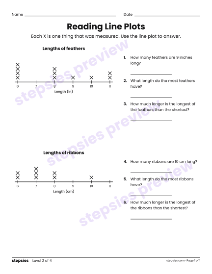 Reading Line Plots, a free printable worksheet from Stepsies (Grade 2 Math · Level 2)