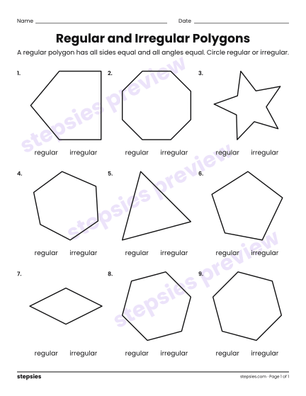 Regular and Irregular Polygons, a free printable worksheet from Stepsies (Grades 4–5 Math)