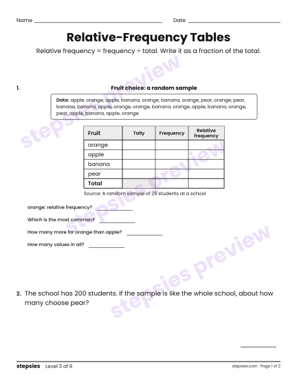 Relative-Frequency Tables, a free printable worksheet from Stepsies (Grade 5 Math · Level 3)