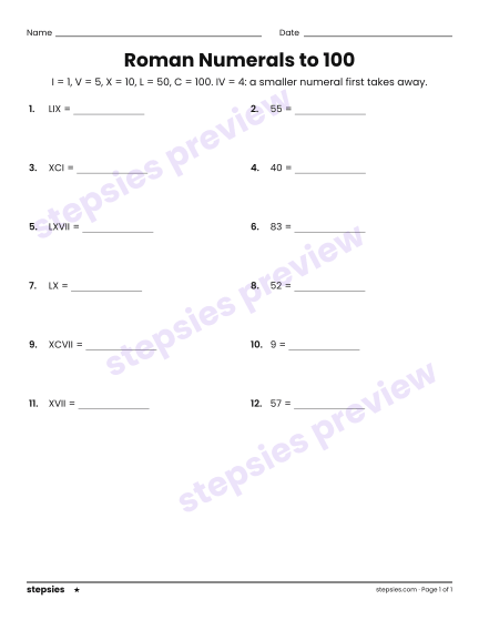 Roman Numerals to 100, a free printable worksheet from Stepsies (Grades 3–4 Math · Level 1)