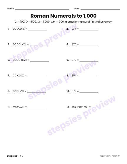 Roman Numerals to 1,000, a free printable worksheet from Stepsies (Grades 4–5 Math · Level 2)