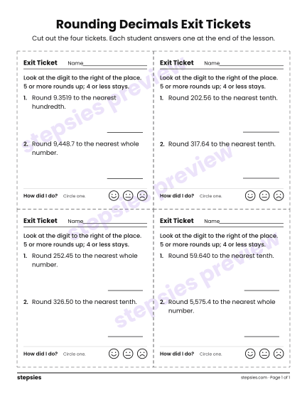 Rounding Decimals Exit Tickets, a free printable worksheet from Stepsies (Grade 6 Math · Level 1)