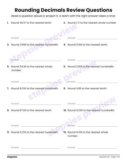 Rounding Decimals: Trashketball Review Questions, a free printable worksheet from Stepsies (Grade 5 Math)