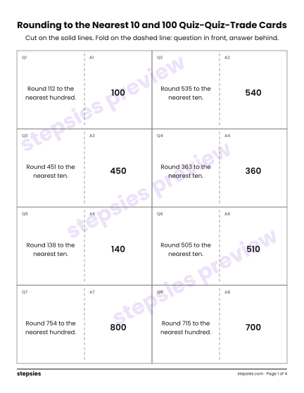 Rounding to the Nearest 10 and 100: Quiz-Quiz-Trade Cards, a free printable worksheet from Stepsies (Grade 3 Math)