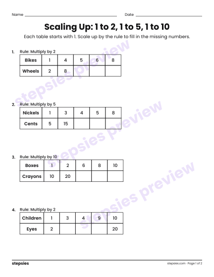 Scaling Up: 1 to 2, 1 to 5, 1 to 10, a free printable worksheet from Stepsies (Grade 3 Math)