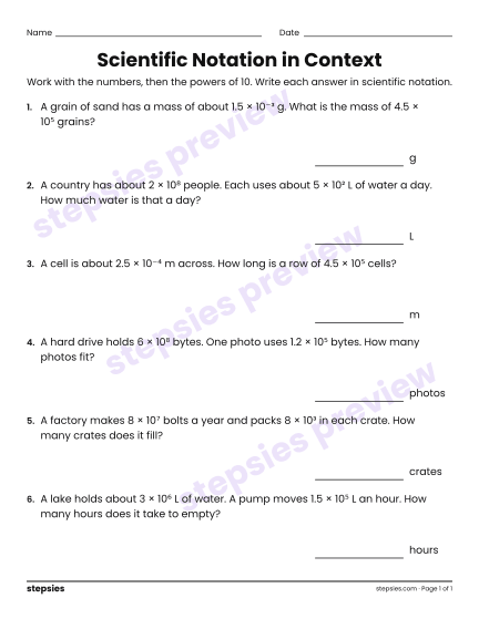 Scientific Notation in Context, a free printable worksheet from Stepsies (Grade 8 Math)