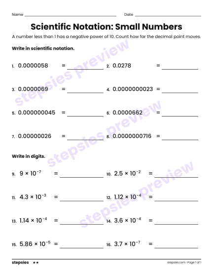 Scientific Notation: Small Numbers, a free printable worksheet from Stepsies (Grade 8 Math · Level 2)
